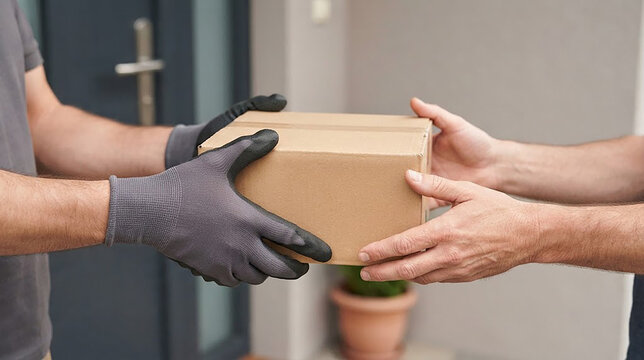 Delivery worker handing a cardboard package to a recipient