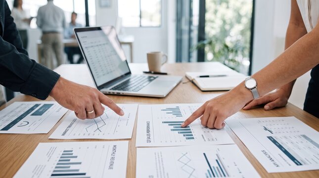 Business team analyzing printed financial reports and statistics charts at meeting table, colleagues pointing at bar graphs and line diagrams, corporate strategy discussion