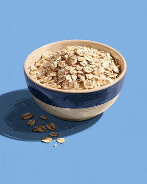 A ceramic bowl filled with raw rolled oat flakes sits on a flat blue surface with a few scattered grains and a dark shadow cast to the side