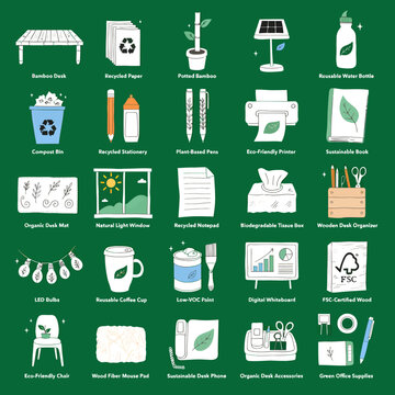 Sustainable Eco Friendly Office Supplies Icons Set
