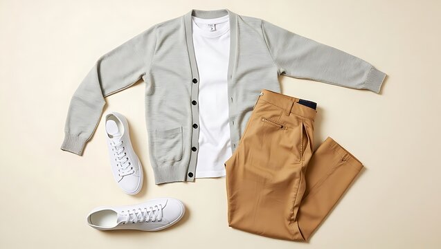 A smart casual men's outfit includes a grey cardigan, white t-shirt, khaki pants, and white sneakers.