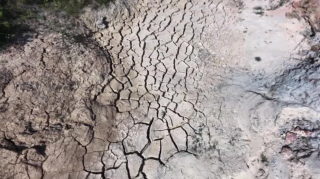The polygonal cracking pattern at the severely dried lakebed exposed by prolonged drought, 