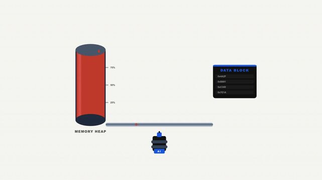 Tech presentations. Illustrates data storage concepts. Red cylinder with technical data and blue scale icons depict balance and memory capabilities.