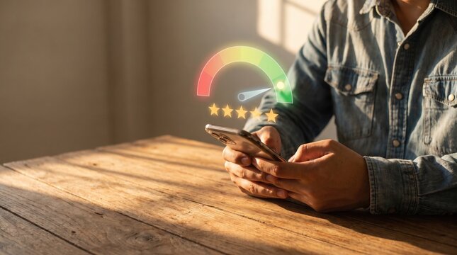 Customer credit score rating on smartphone, man checking financial health meter, high credit ranking and loan approval concept