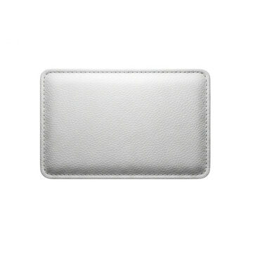 Rectangular white leather patch with detailed stitching isolated on transparent background for clothing branding