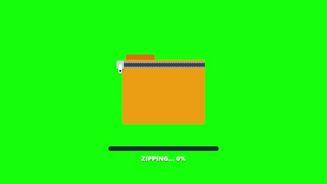 Zip file progress animation showing folder archiving on green screen background