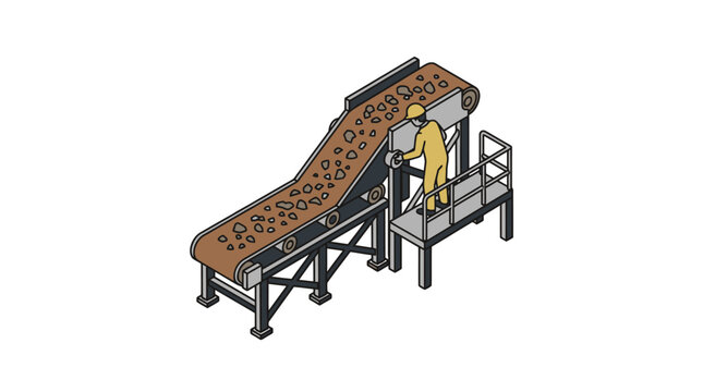 Industrial conveyor belt transporting raw materials in factory.