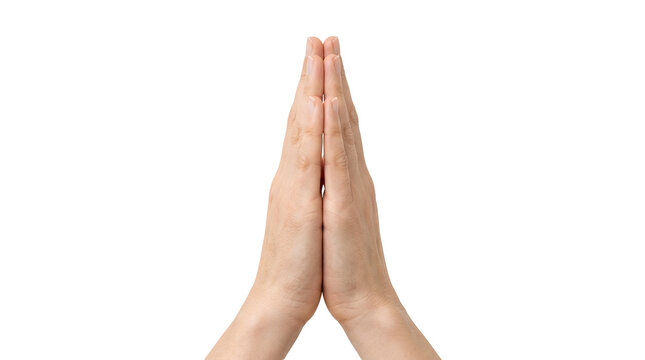 Hands pressed together in a prayer gesture isolated on a white background