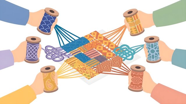 Hands holding colorful ropes weaving together around central node concept of global unity teamwork cultural diversity and community integration flat vector illustration