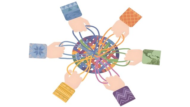 Hands holding colorful ropes weaving together around central node concept of global unity teamwork cultural diversity and community integration flat vector illustration