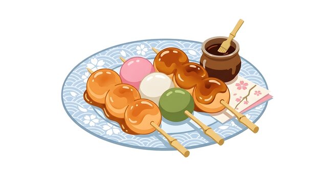 Traditional Japanese Sweet Dango Dumplings on a Decorative Plate