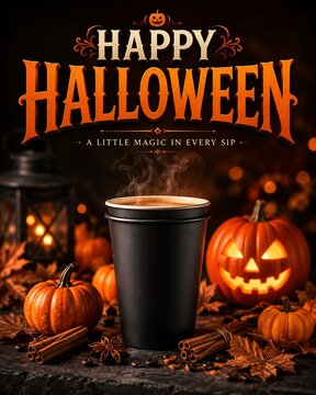 Happy halloween hot coffee cup surrounded by pumpkins and autumn leaves with halloween