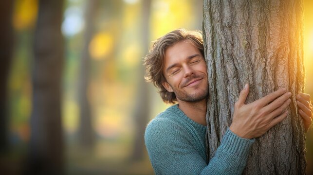 man smiles blissfully while hugging a tree in a sunlit park, enjoying the tranquility and connection with nature around him.