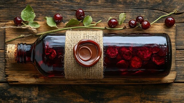A vintage wine bottle sealed with wax resting on rustic wooden surface, showcasing elegant craftsmanship and timeless allure