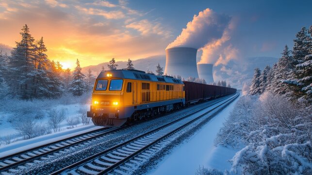 A freight train transports coal through a winter landscape near a coal-fired thermal power plant