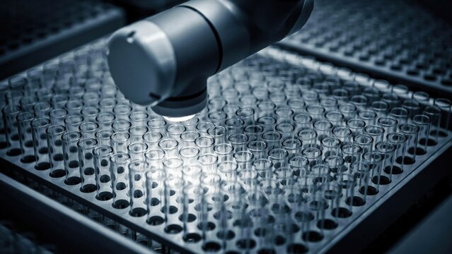 Automated industrial robotic arm dispensing liquid into glass vials in a pharmaceutical laboratory with automation