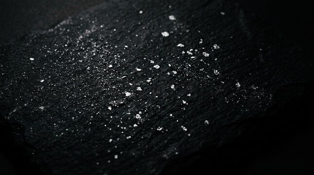 Coarse sea salt crystals scattered on a dark textured slate stone background