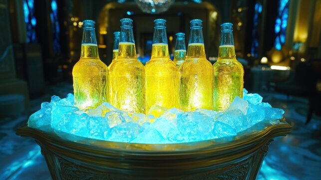 Chilled bottles of beer resting in ice-filled bucket at a cozy restaurant patio during warm afternoon