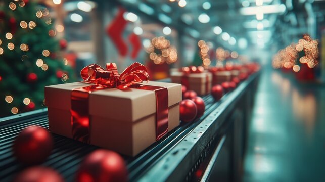 A conveyor belt moves beautifully wrapped gift boxes adorned with ribbons while surrounded by festive Christmas trees and sparkling lights, capturing the holiday spirit.