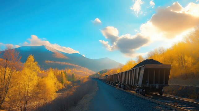 cargo train transports coal through scenic terrain at sunset with vibrant colors illuminating the landscape
