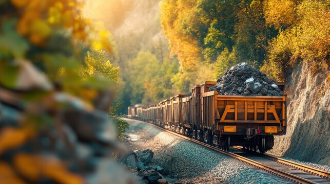 cargo train transports coal through scenic terrain at sunset with vibrant colors illuminating the landscape