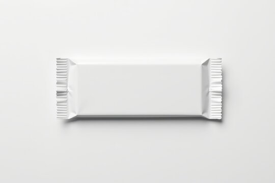 A blank, white, rectangular snack bar wrapper placed on a white surface, perfect for customizable packaging or branding.