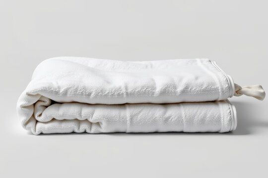 Two neatly folded white towels stacked on a plain light grey background.