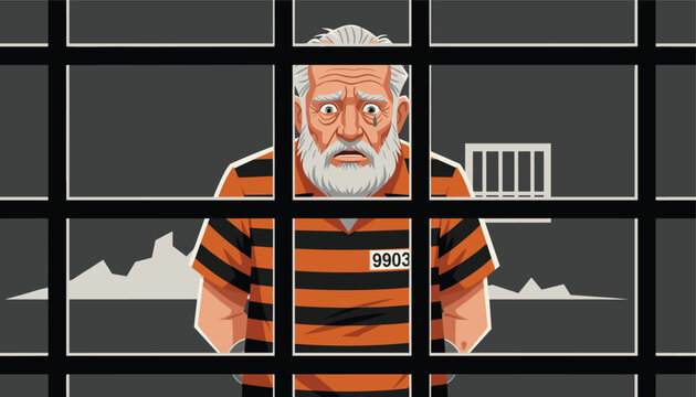 Sad elderly man wearing a black and orange striped prison uniform stands behind metal bars in a dark jail cell.