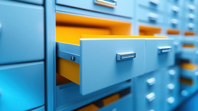The drawer of a blue filing cabinet is partially open, revealing neatly arranged yellow folders inside, set in a bright office environment