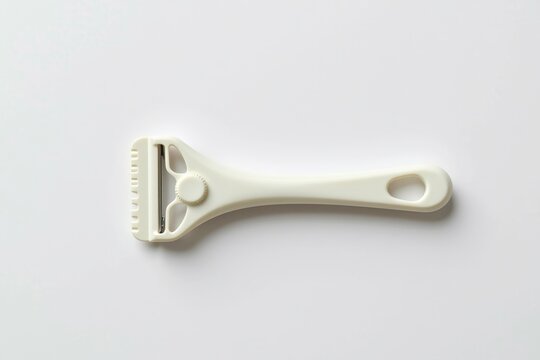 A sleek, white plastic razor with a wide handle lies flat on a clean white surface.