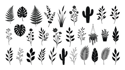 Obraz premium Houseplants, cacti, ferns, and wild botanical foliage silhouettes form a diverse collection against a clean white background.