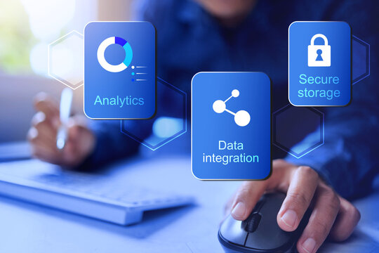 data analysis concept with a man working on computer by analytics for data integration and secure storage