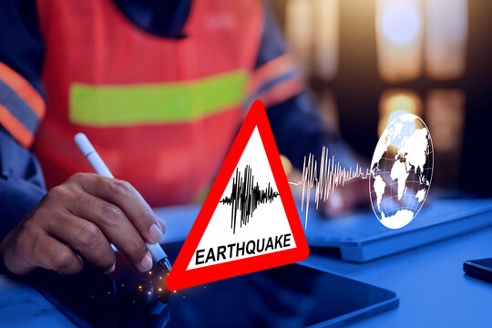 Earthquake warning concept with safety staff receiving warning information to alert the public to prepare and exercise caution