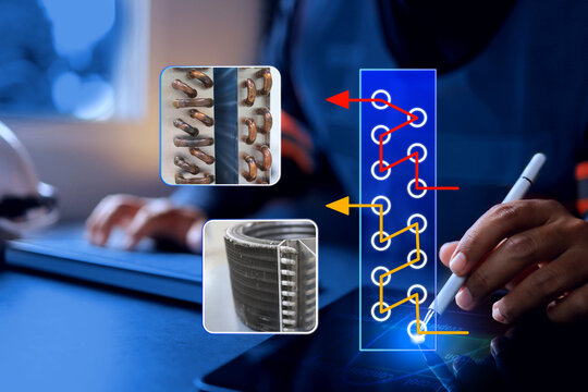 heat exchanger design concept with engineer drawing a refrigerant path system for air conditioner or cooling system condenser and evaporator