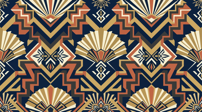 Art deco geometric seamless pattern with fan shapes and zigzag lines