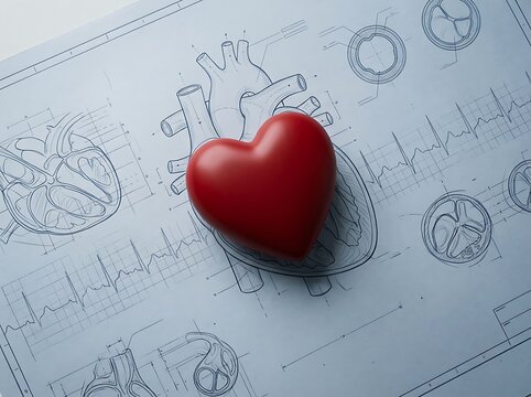 World Heart Day Cardiology Blueprint Concept Featuring Red Heart Model on Medical Technical Diagram for Health Diagnostic Banner