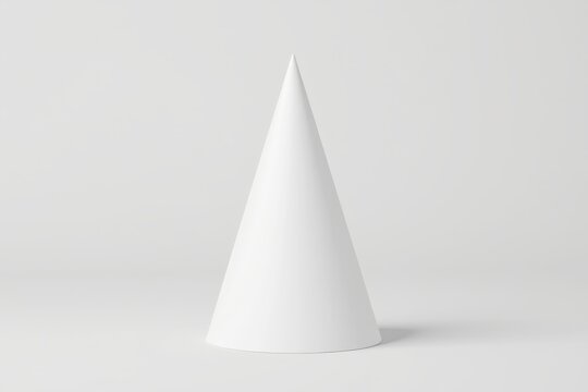 A simple, white, 3D cone shape stands upright against a clean, light gray background.