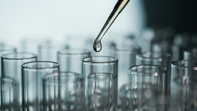 Scientific dropper adding liquid drop into glass test tube in laboratory research setting for development