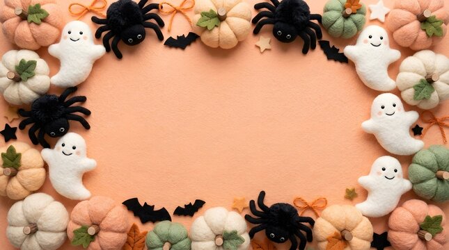 A delightful halloween flat lay featuring adorable ghosts spooky spiders and a charming arrangement of pumpkins creating a festive and inviting autumnal scene for
