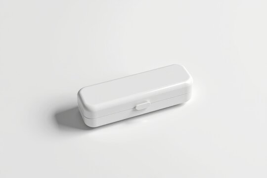 A sleek, white rectangular plastic case with a clasp, placed on a plain white surface casting a soft shadow.