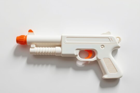 A white and orange toy gun with a pump-action design lies on a plain white surface.