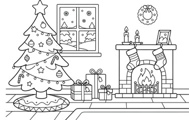 Fototapeta premium A delightful christmas scene coloring page featuring a decorated tree and a cozy winter house perfect for holiday fun