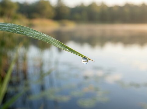 Close up of a dewdrop on a blade of grass with a blurred lake background.
