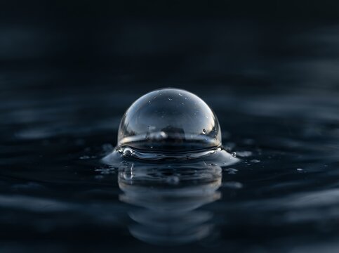 Close up of a single water droplet forming a perfect sphere on the surface of dark water.