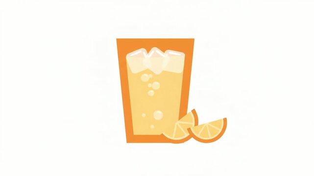 Orange juice in a transparent glass container features floating ice cubes and sliced citrus fruits resting nearby against a minimalist white background setting.