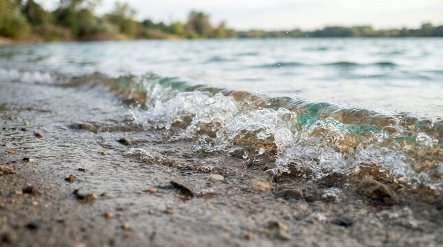 Close up of gentle waves lapping on a sandy shore with blurred background of water and trees.