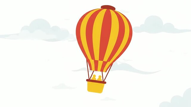 Hot air balloon with red and yellow stripes floats peacefully through soft white clouds carrying two silhouette passengers on a scenic high altitude journey.