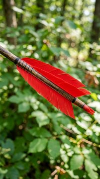 Close up of a red fletched arrow in a forest setting.