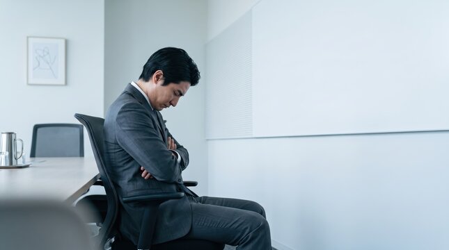 Stressed asian businessman sitting alone in empty meeting room, feeling exhausted and overwhelmed by heavy workload, corporate burnout concept, negative office mood