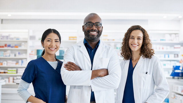Portrait of Multiracial Doctor and Nurses in Modern Pharmacy; African American Male Physician and Female Staff Medical Team; Healthcare Professionals in White Lab Coats and Scrubs; Smiling